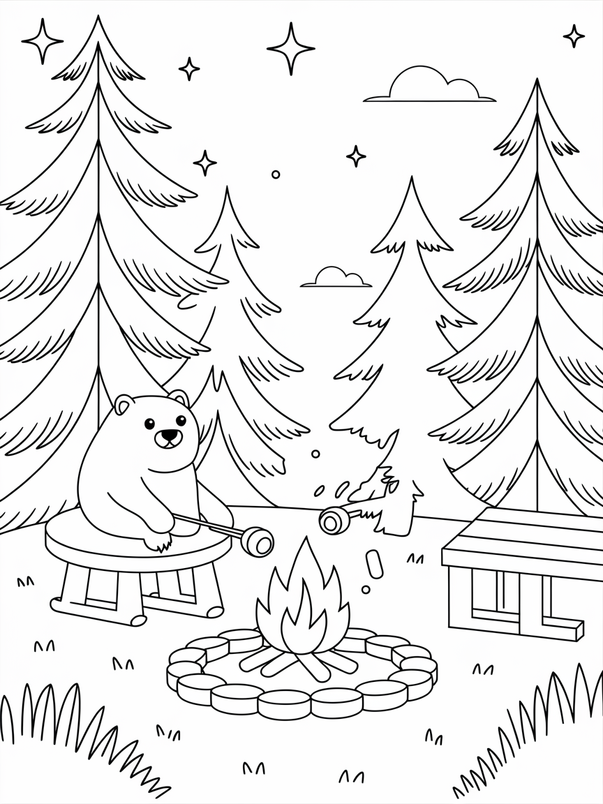 Bear-y Cozy Campfire Night coloring page: A cozy campsite scene features a friendly bear roasting marshmallows over a campfire under a starlit sky surrounded by tall trees.