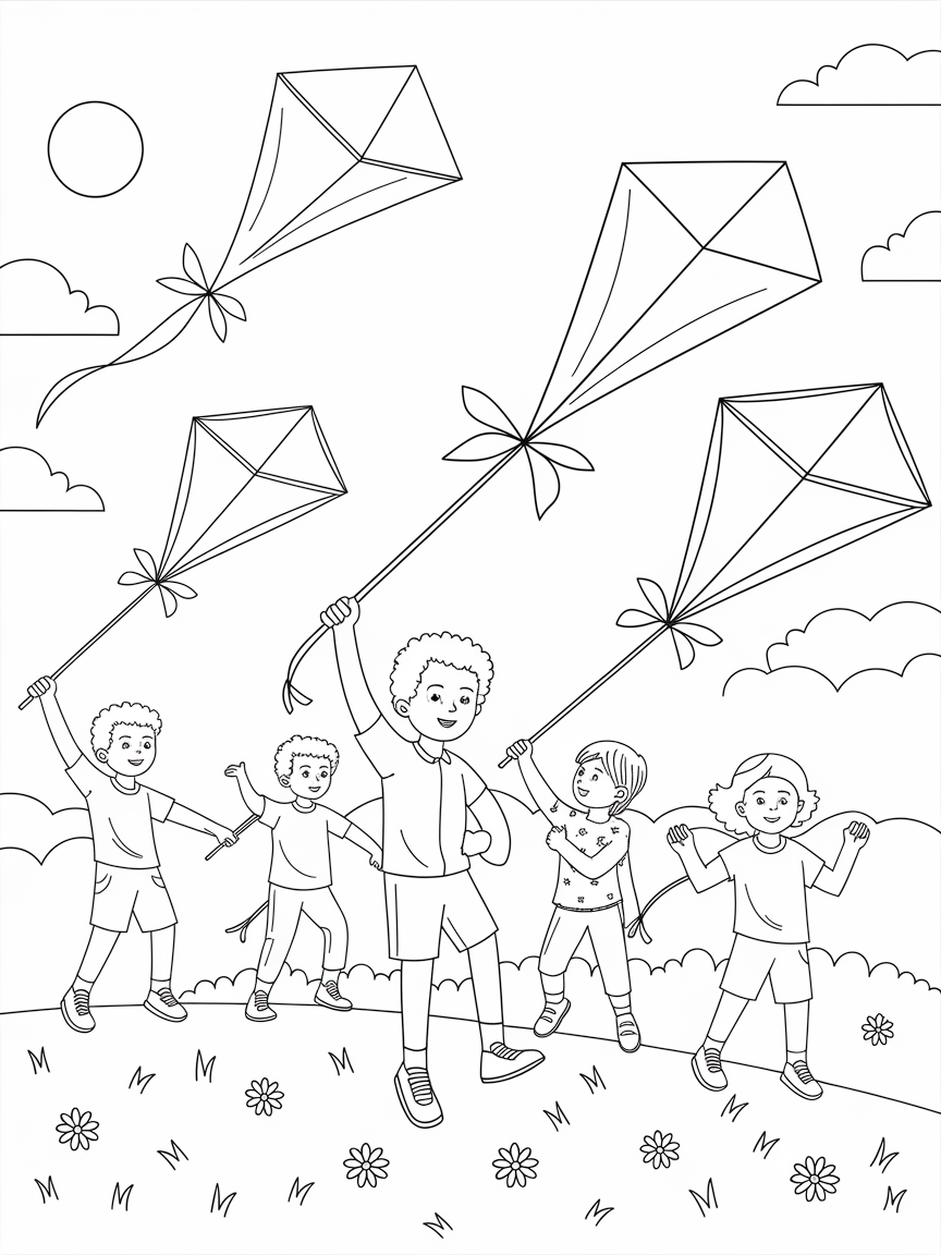 Kite Flying Fun coloring page: An adventurous group of kids is flying kites on a sunny hill, with vibrant shapes and colors dancing in the gentle summer breeze.
