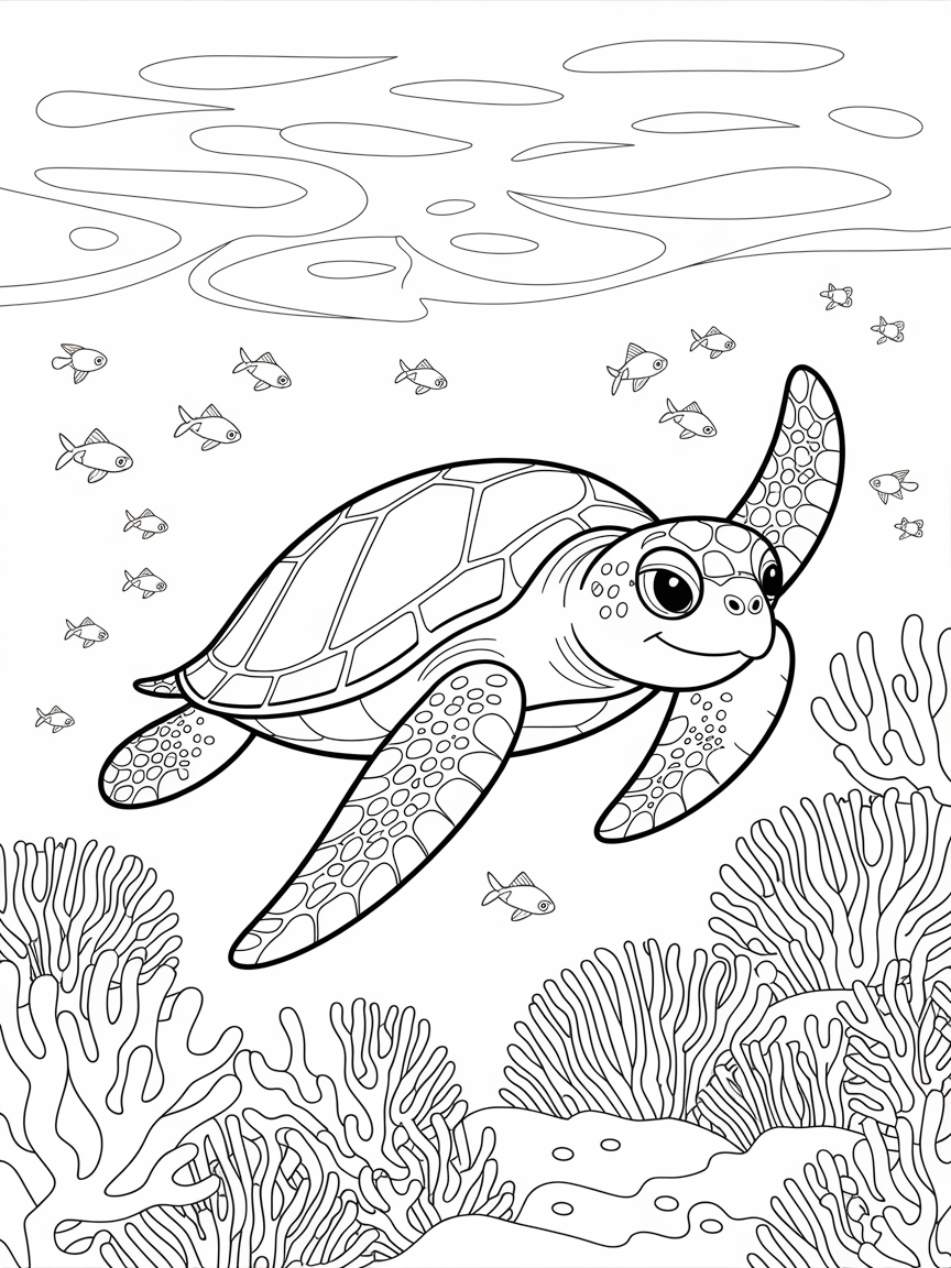 Snorkeling Sea Turtle Adventure coloring page: A cheerful sea turtle is snorkeling among a vibrant coral reef, surrounded by colorful fish and tropical plants in clear waters.