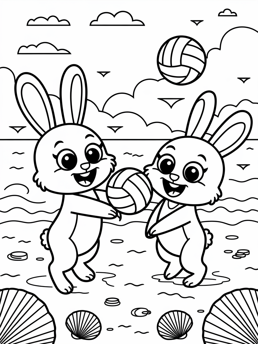 Bunny Beach Volleyball Fun! coloring page: Two cute rabbits are playing beach volleyball with seashells as the ball in a fun seaside setting filled with laughter.