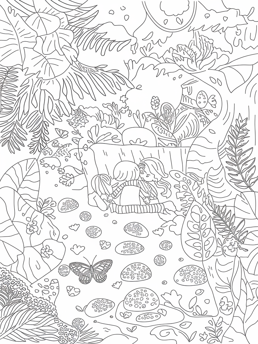 Adventure in Gemstone Grove coloring page: Kids are exploring a lush forest on a treasure hunt, discovering hidden gems like sparkling stones and exotic butterflies.