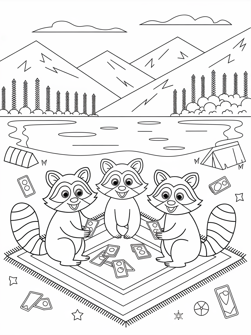 Raccoon Card Game Retreat coloring page: Happy raccoons are playing card games on a colorful picnic blanket, with a beautiful lake and mountains in the background.