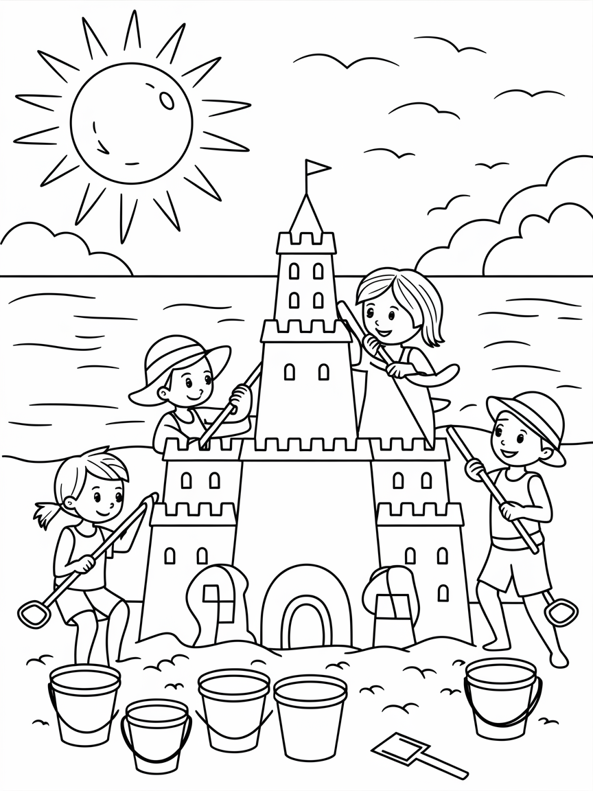Sunny Sandcastle Adventure! coloring page: A sunny beach scene shows kids building a giant sandcastle, surrounded by colorful buckets and shovels.