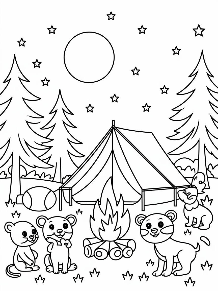 Starry Night Campfire Fun coloring page: A cozy campsite under a starry sky, featuring a cheerful campfire and woodland animals gathering around.