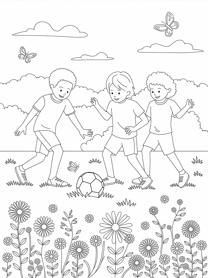Playful Day in Bloom coloring page: Children playing football on the grass amid vibrant flowers and butterflies, showcasing the fun of outdoor games.