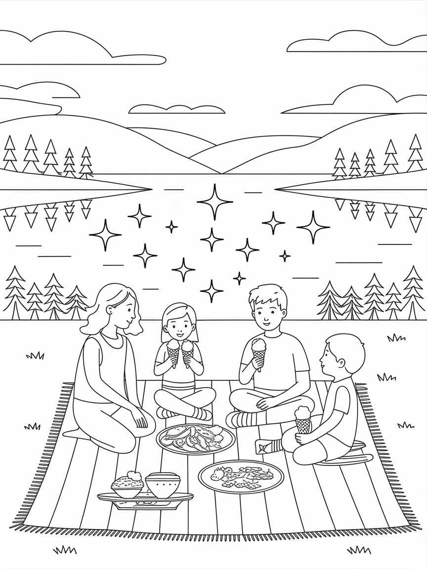 Picnic Bliss by the Lake coloring page: A family picnic setup with a blanket, delicious snacks, and children enjoying ice cream along a sparkling lake.