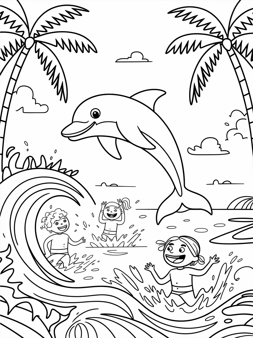 Dolphin Splash Adventure! coloring page: A playful dolphin leaping over the waves as kids splash and laugh in the sunny sea, framed by palm trees.