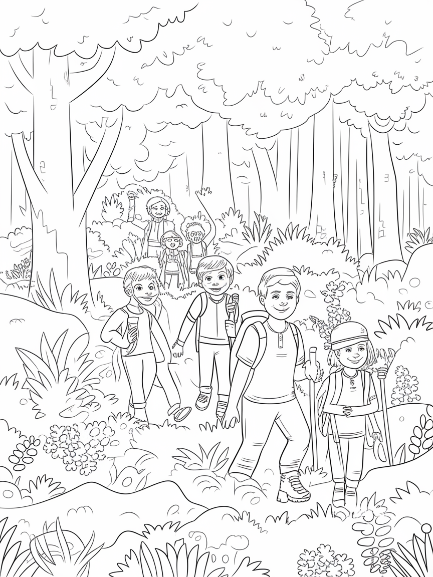Forest Friends' Adventure coloring page: A nature trail adventure with a group of friends hiking through a forest filled with enthusiastic animals and tall trees.