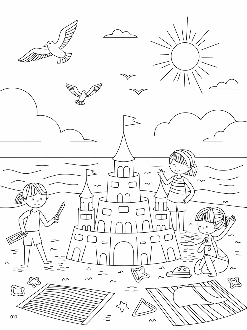 Sunny Beach Fun! coloring page: Color a sunny day at the beach with kids building a giant sandcastle, colorful beach towels, and playful seagulls flying above.