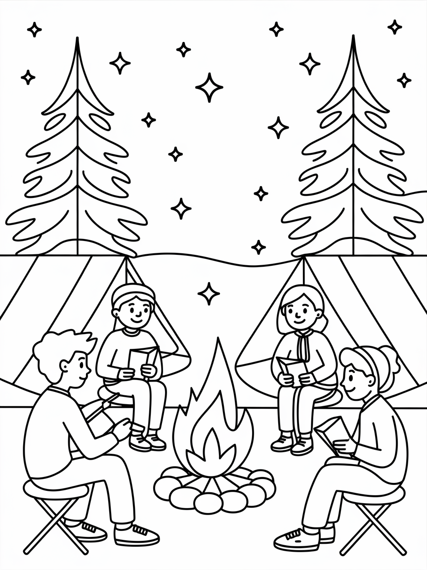 Starry Nights & Campfire Tales coloring page: Illustrate a cheerful camping scene where friends share stories around a crackling campfire beneath twinkling stars and tall pine trees.