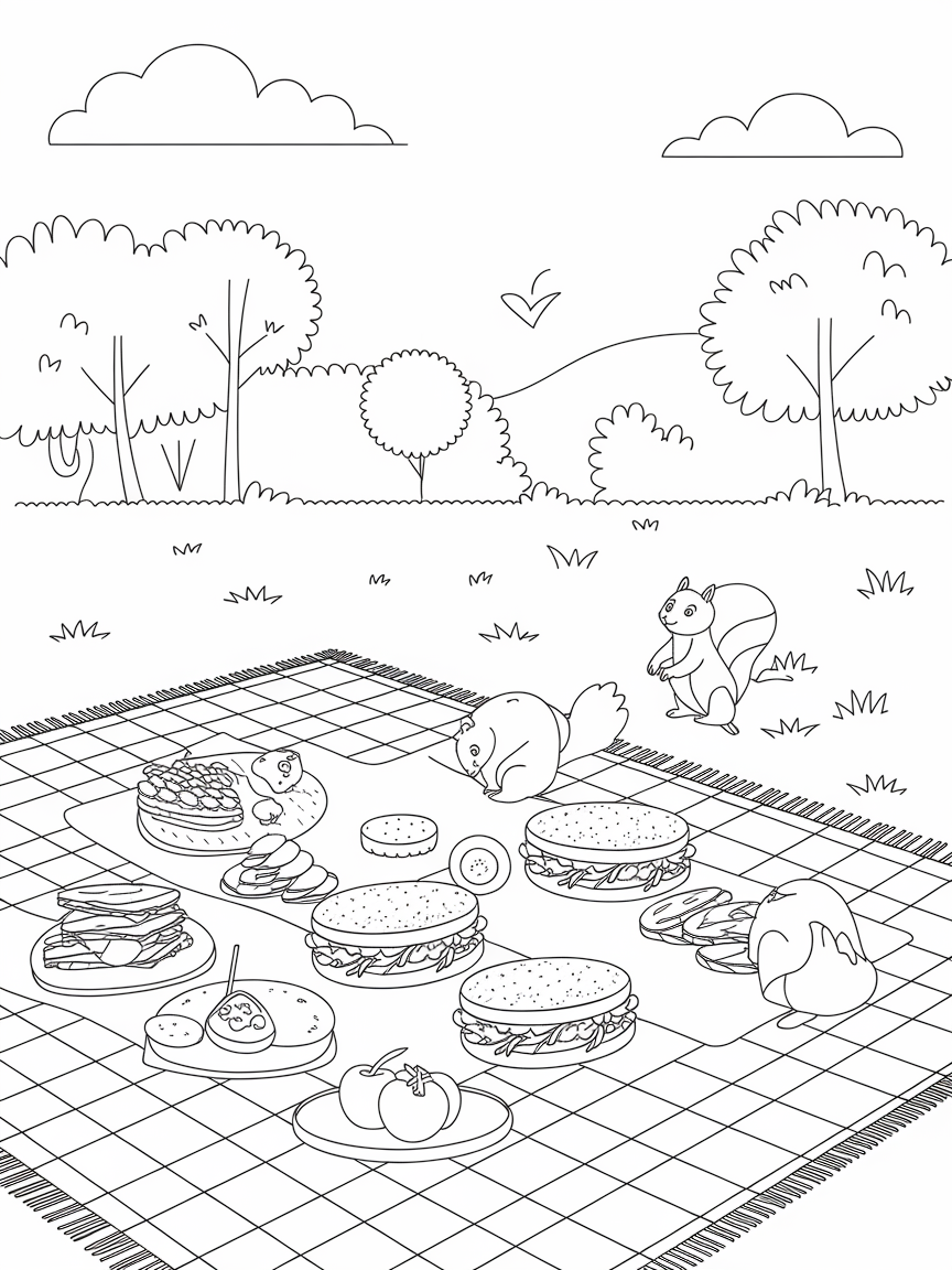Picnic in the Park Fun coloring page: Design a picnic in the park with a bright checkered blanket spread out filled with tasty sandwiches, fruits, and playful squirrels peeking around.