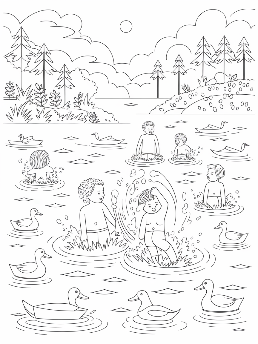 Lake Splash Adventure! coloring page: Create a water fun day where children are splashing about in a lake, surrounded by nature, with ducks and boats floating by.