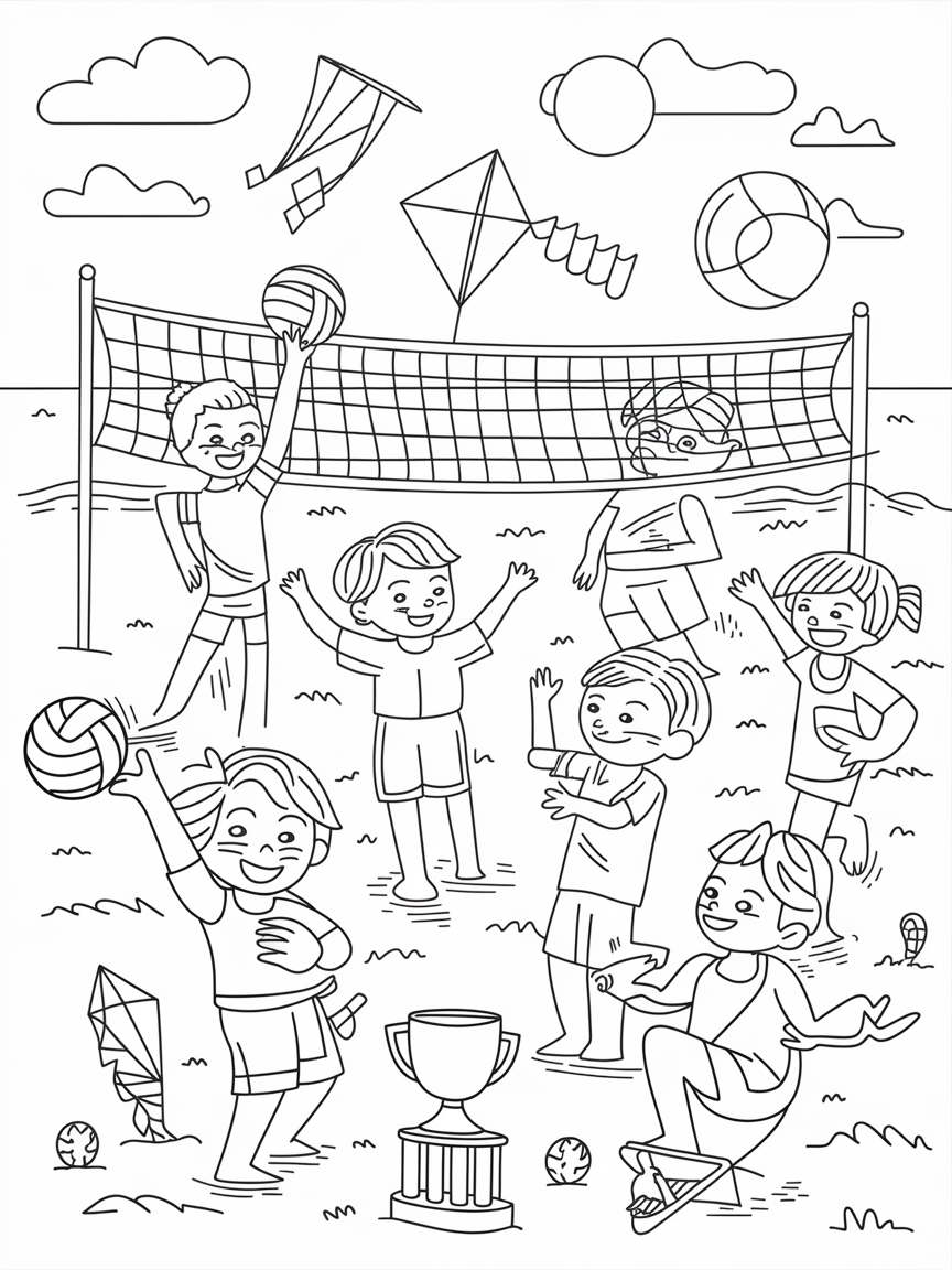 Sunny Days of Fun! coloring page: This coloring page shows children enjoying a summer sports day with activities like beach volleyball and flying kites. They are celebrating their fun with trophies after playful competitions.