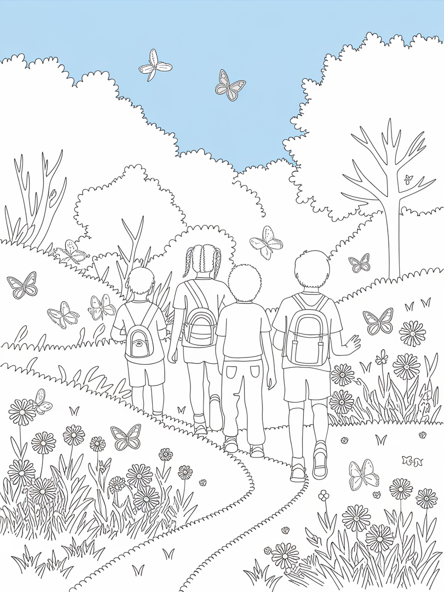 Nature's Harmony Adventure coloring page: In this picture, children are on a peaceful nature hike discovering wildflowers and butterflies in a lush green setting. Birds are singing under a bright blue sky.