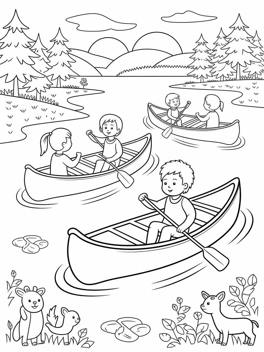 Canoe Quest: Nature's Playground coloring page: This page features kids paddling in colorful canoes on serene water, with cute woodland creatures watching from the shore. It's an exciting outdoor adventure scene.