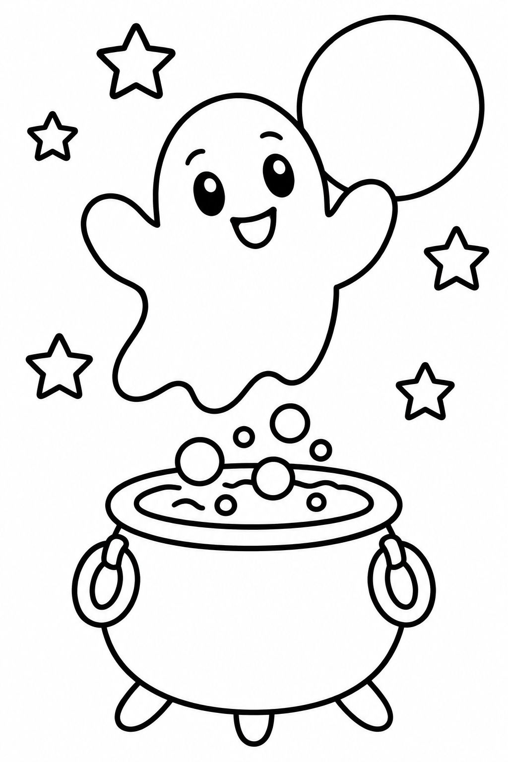 Ghostly Cauldron Night coloring page: A friendly ghost is floating above a bubbling cauldron under a full moon, surrounded by twinkling stars in this spooky scene. It's perfect for Halloween fun.