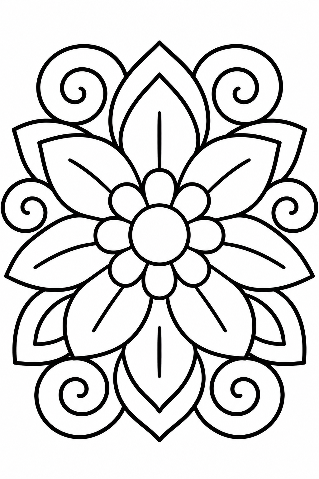 Flower Mandala Burst coloring page: This coloring page features a large flower mandala filled with detailed petals and swirling designs, perfect for creative coloring.