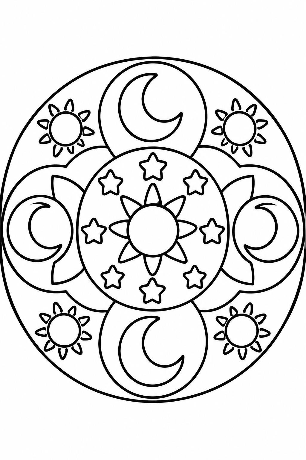 Celestial Harmony Mandala coloring page: This page shows a mystical mandala that includes stars, moons, and suns arranged in a harmonious pattern for coloring fun.