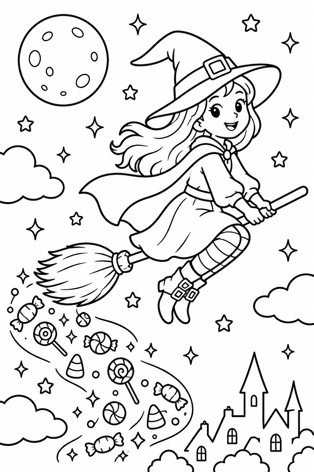 Witch's Sweet Sky Adventure coloring page: A magical witch is flying on her broomstick, leaving a trail of sparkling candy in the night sky. This whimsical scene captures the spirit of Halloween.