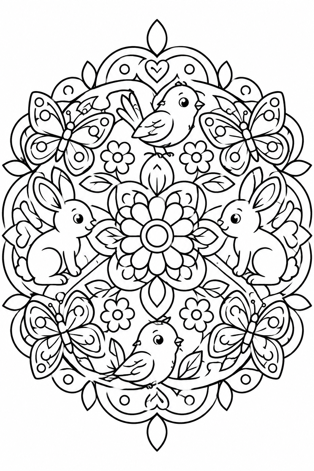 Whimsical Animal Mandala Fun! coloring page: This playful mandala includes cheerful animals like butterflies, birds, and bunnies among colorful patterns for kids to color.