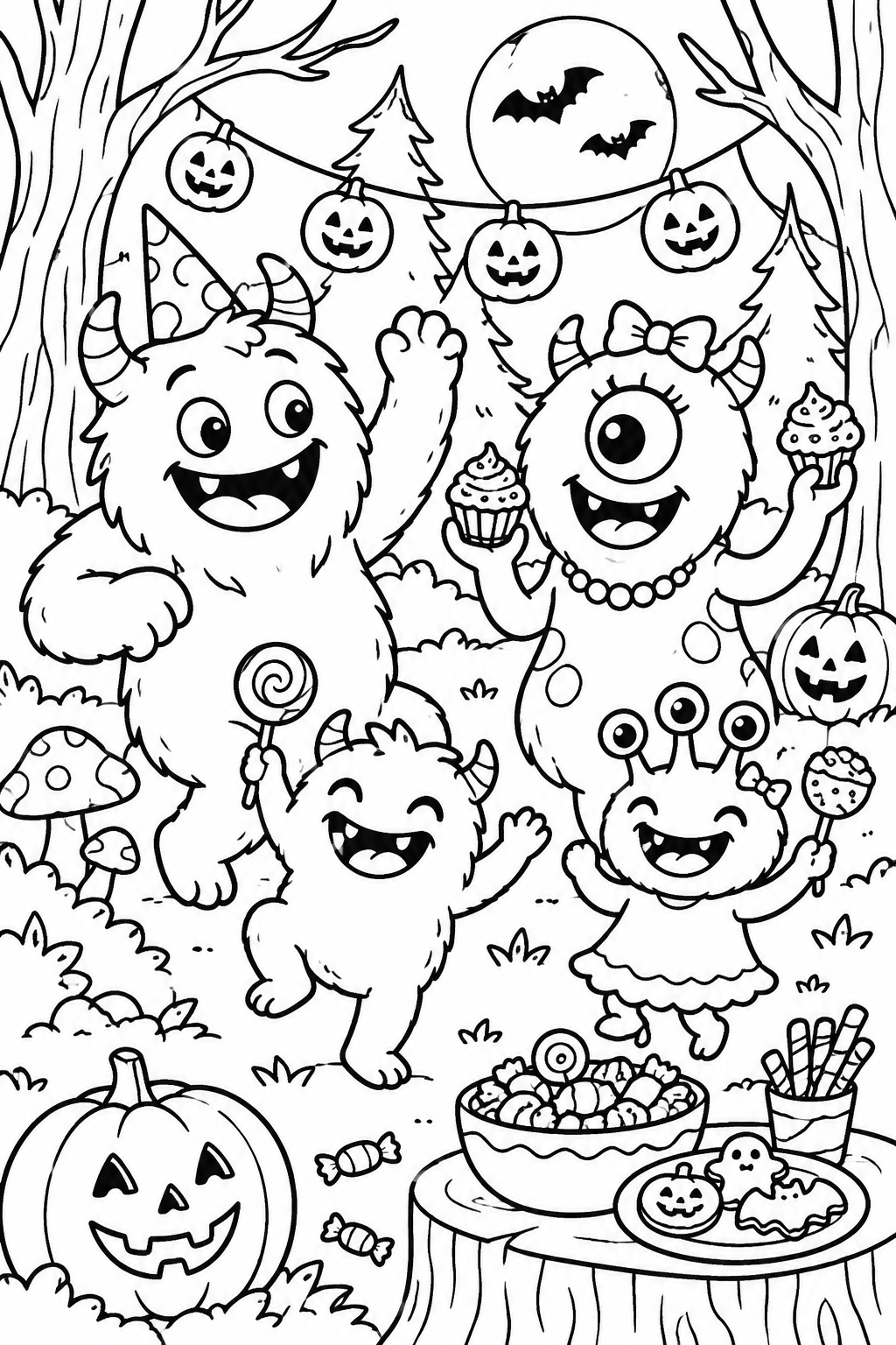 Monstrous Halloween Bash! coloring page: This page features a cheerful family of monsters having a Halloween party, dancing and enjoying colorful treats in a spooky forest. It's a fun celebration.