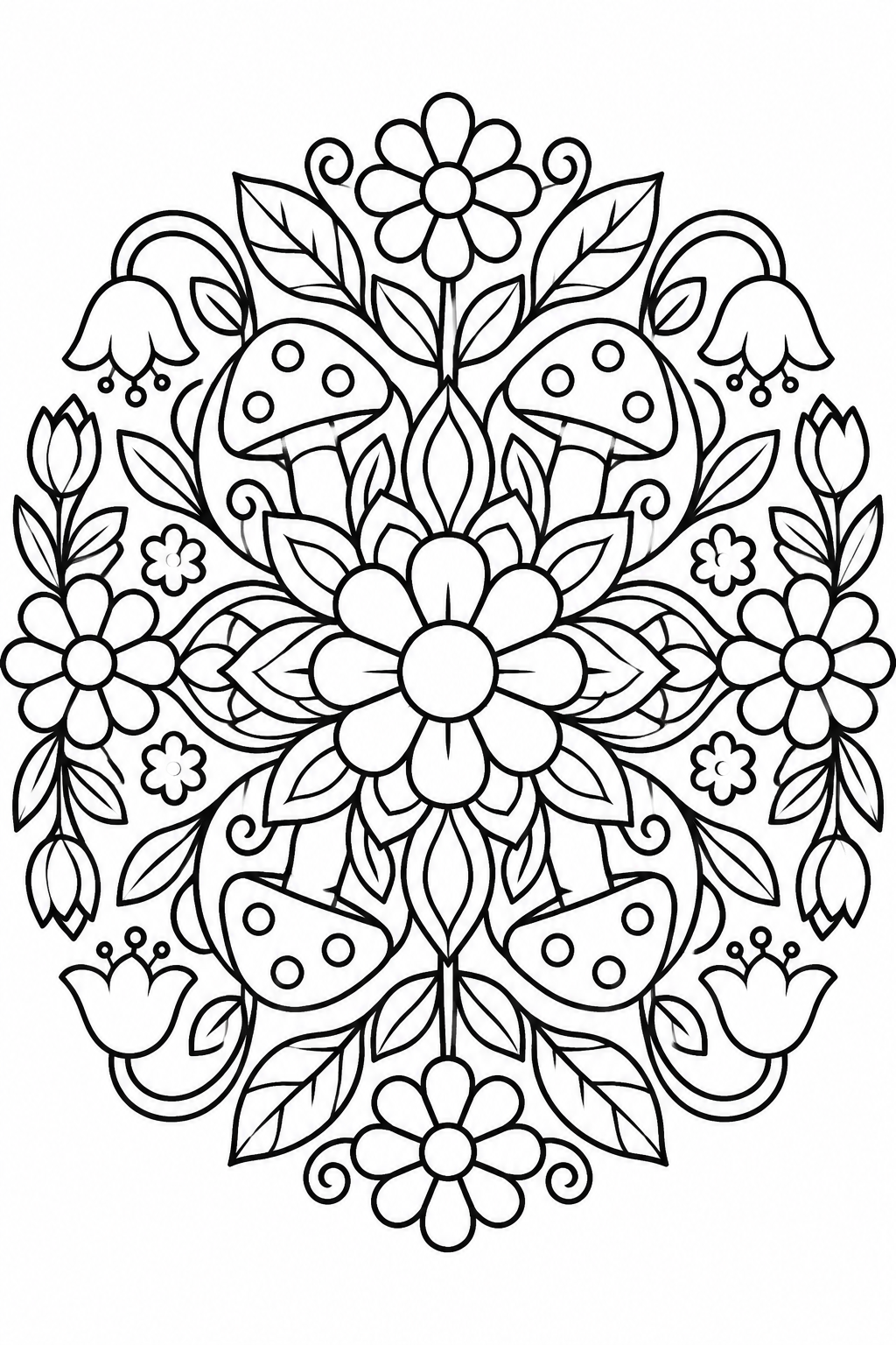 Whimsical Garden Mandala Magic coloring page: This coloring page features a magical garden mandala filled with whimsical plants and flowers, inviting vibrant coloring.