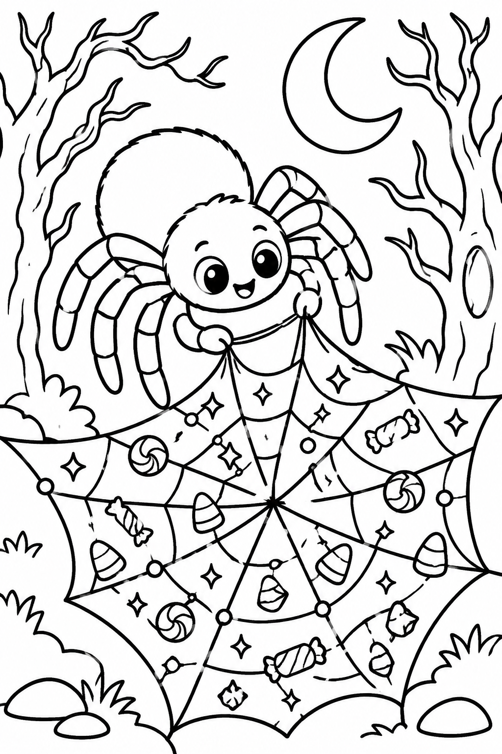 Sweet Spider's Spooky Web coloring page: A cute spider is weaving a web sprinkled with glittery candy, set against a backdrop of spooky trees and a crescent moon. It's a playful Halloween scene.