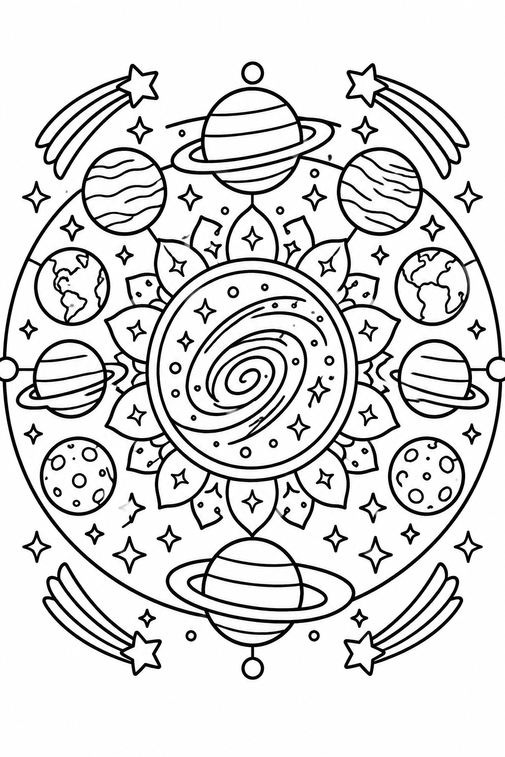 Galactic Mandala Adventure coloring page: This cosmic mandala showcases planets, galaxies, and shooting stars, providing an adventurous coloring experience.