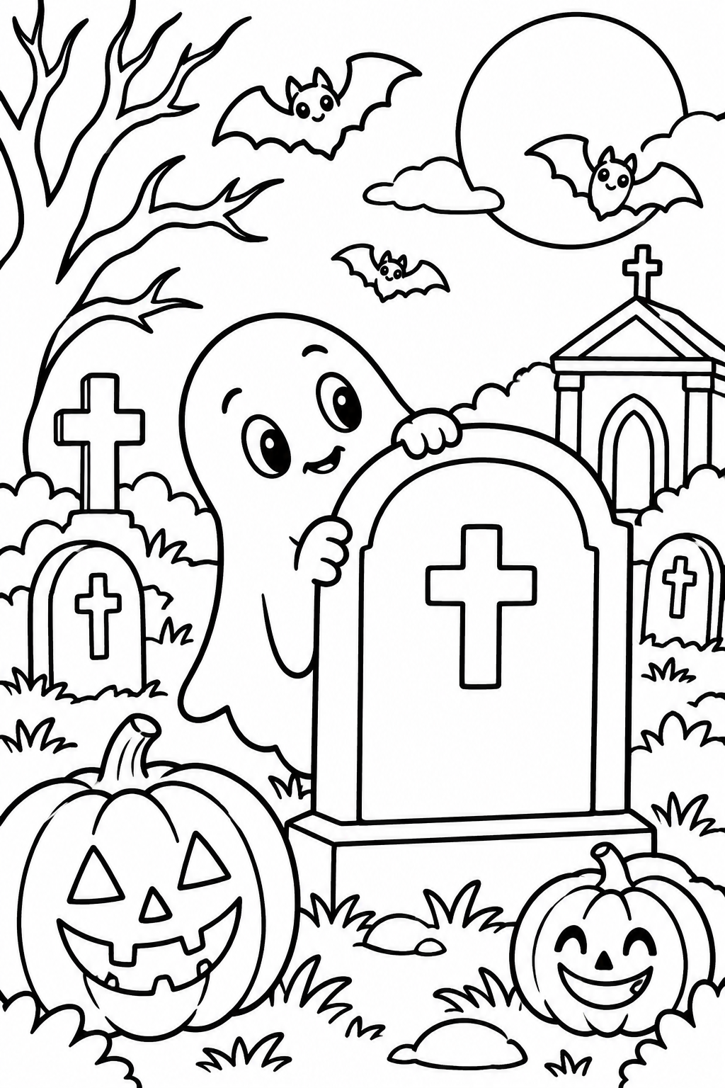 Ghostly Hide and Seek coloring page: In this coloring page, a friendly ghost is playing hide and seek among gravestones, with playful bats and pumpkins scattered around. It's a lighthearted Halloween scene.
