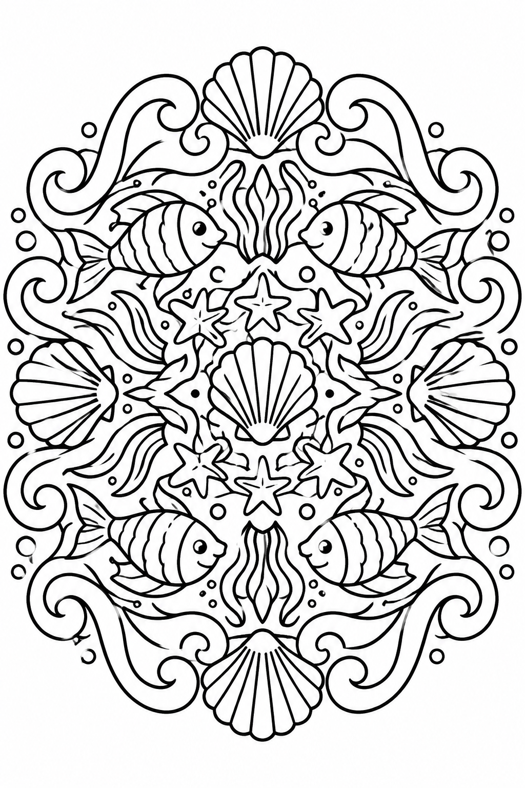 Underwater Mandala Escape coloring page: This underwater mandala features waves, seashells, and fish arranged in a circular pattern for a relaxing coloring activity.