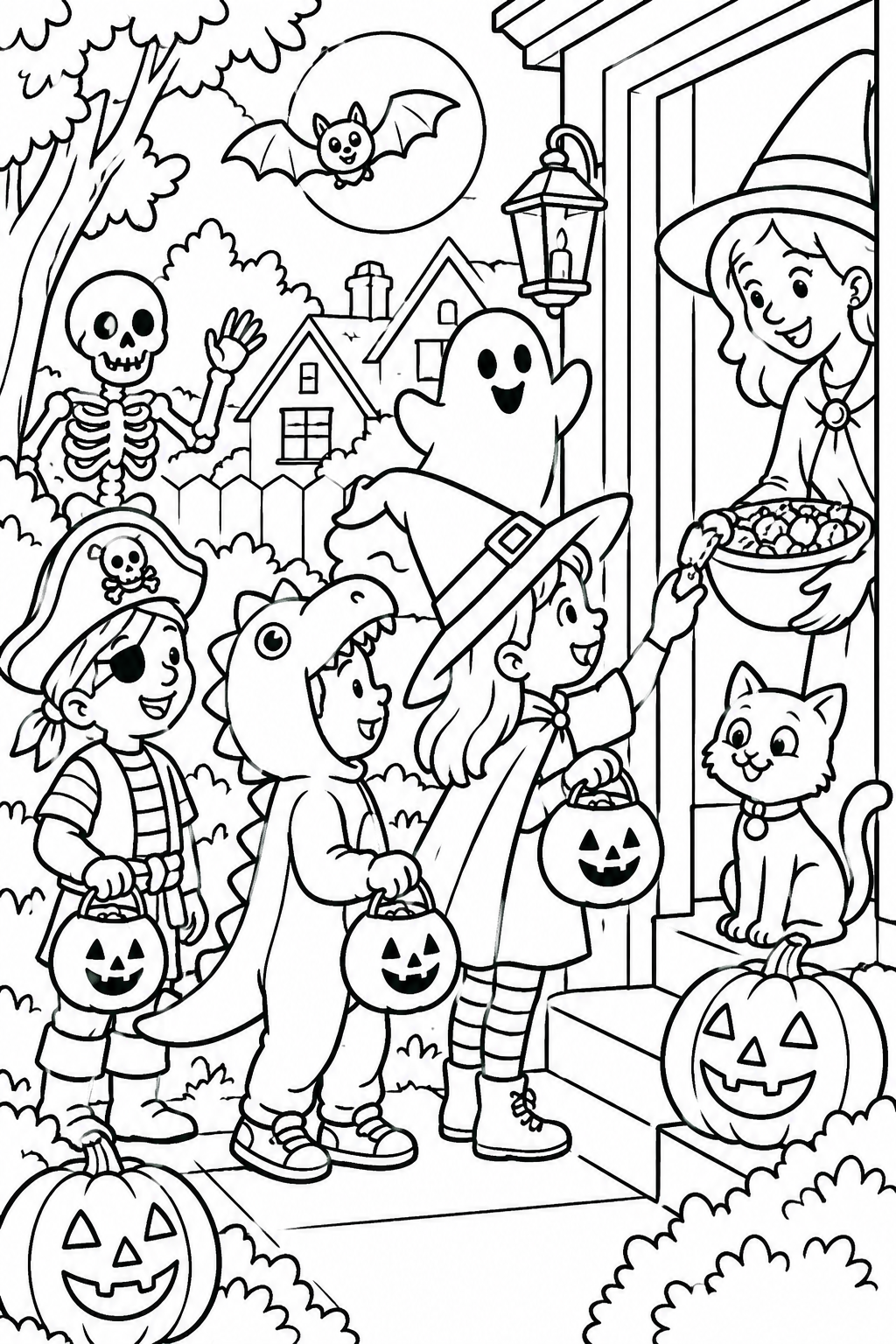 Spooky Fun: Trick-or-Treat Time! coloring page: This delightful scene shows children trick-or-treating in fun costumes, surrounded by friendly Halloween decorations and cheerful spooky creatures. It's a festive Halloween moment.