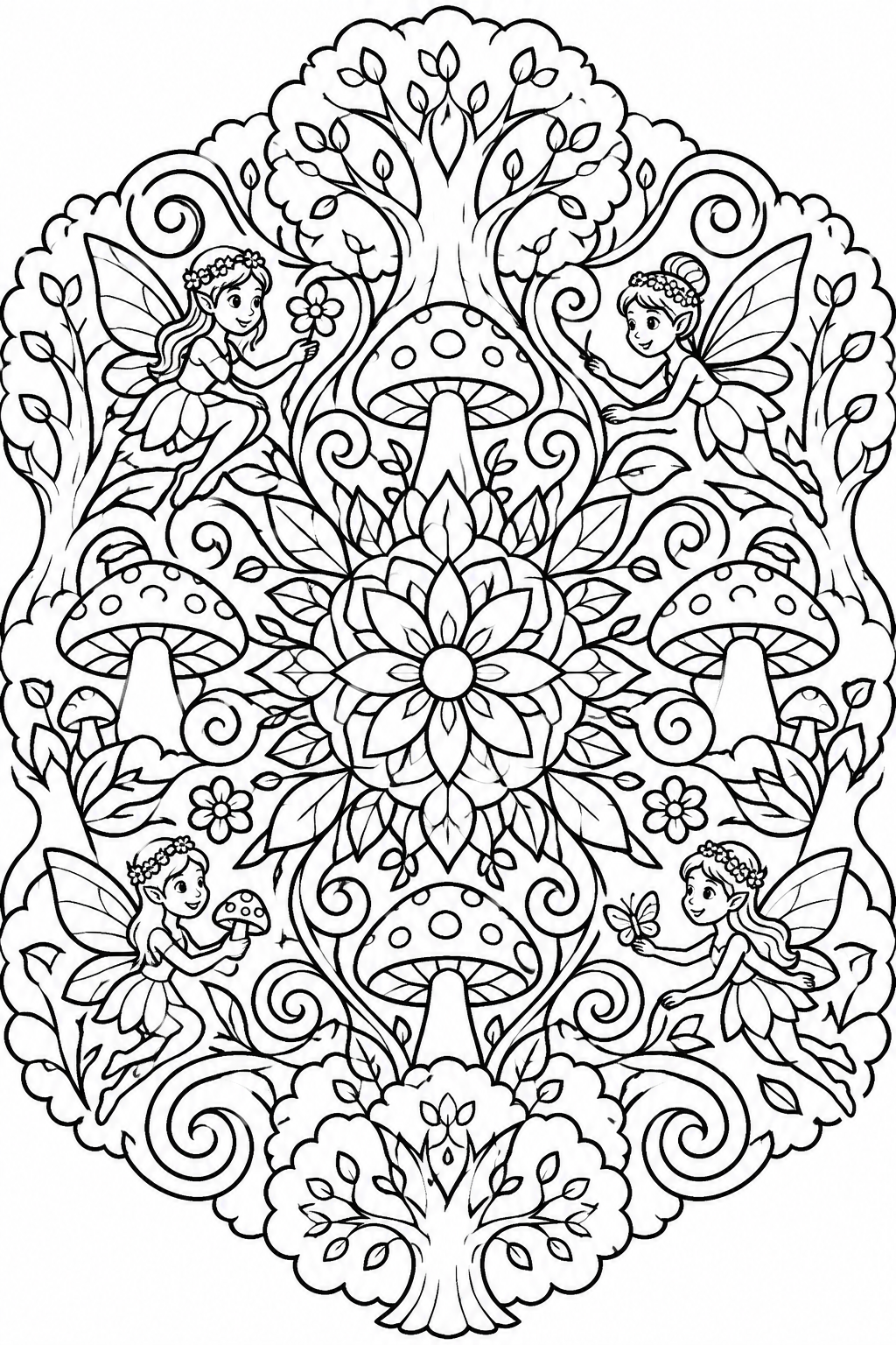 Magical Forest Mandala Magic coloring page: This enchanted forest mandala incorporates trees, mushrooms, and friendly fairies among swirling designs for a magical coloring experience.