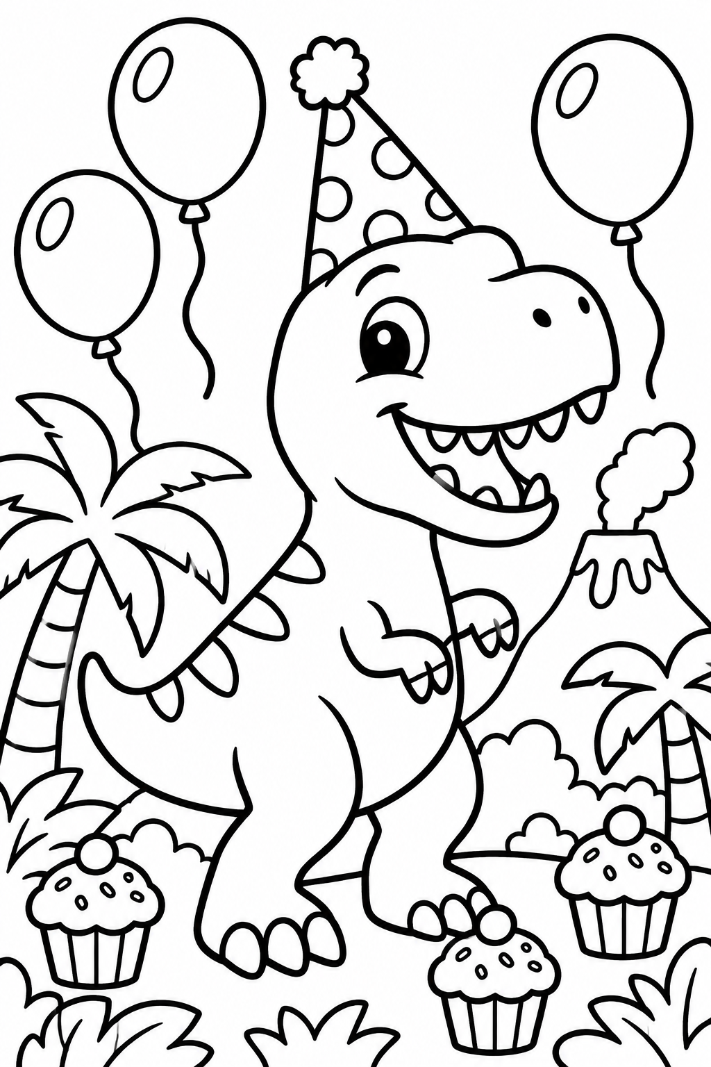 Dino Party Fun! coloring page: A friendly T-Rex wearing a party hat is surrounded by colorful balloons and cupcakes in a prehistoric jungle.