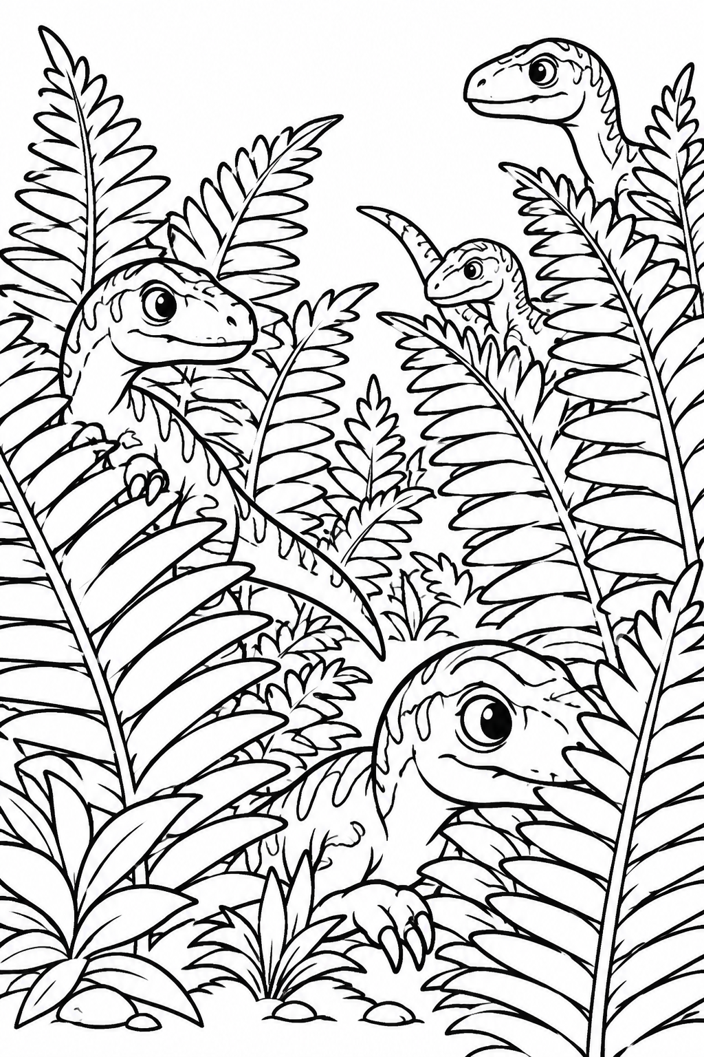 Velociraptor Hide and Seek! coloring page: A group of tiny Velociraptors is playing hide and seek behind tall ferns, their vibrant colors blending with the lush greenery.