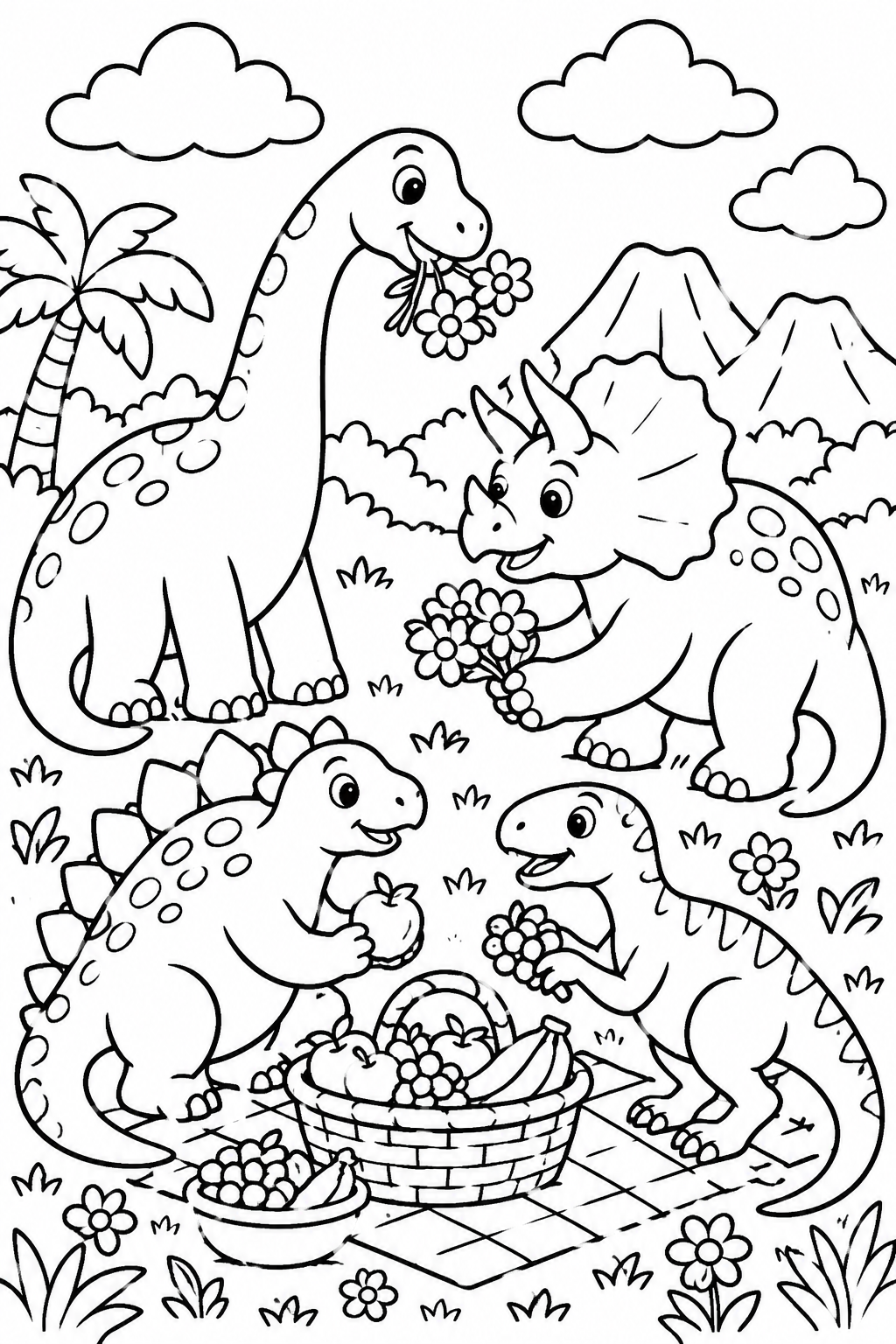 Dino Delights Picnic Fun! coloring page: A picnic scene features various dinosaurs sharing flowers and fruits, with a blue sky and fluffy clouds above.