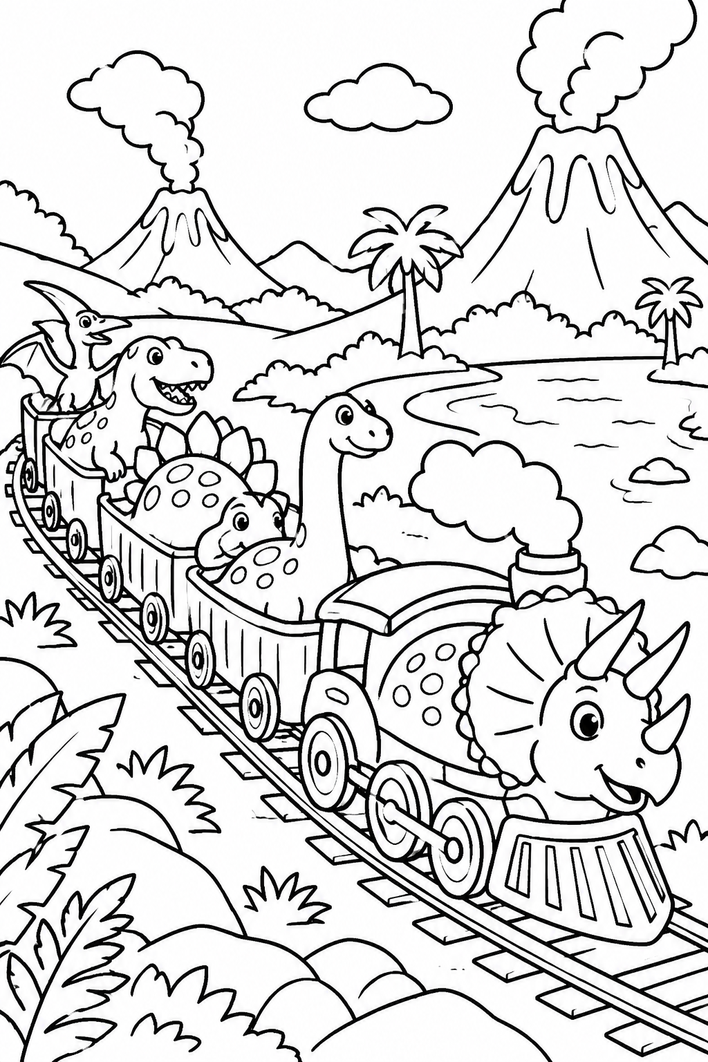 Dino Adventure Train Journey coloring page: An imaginative Dino train made of different dinosaur species is traveling through a colorful landscape filled with volcanoes.