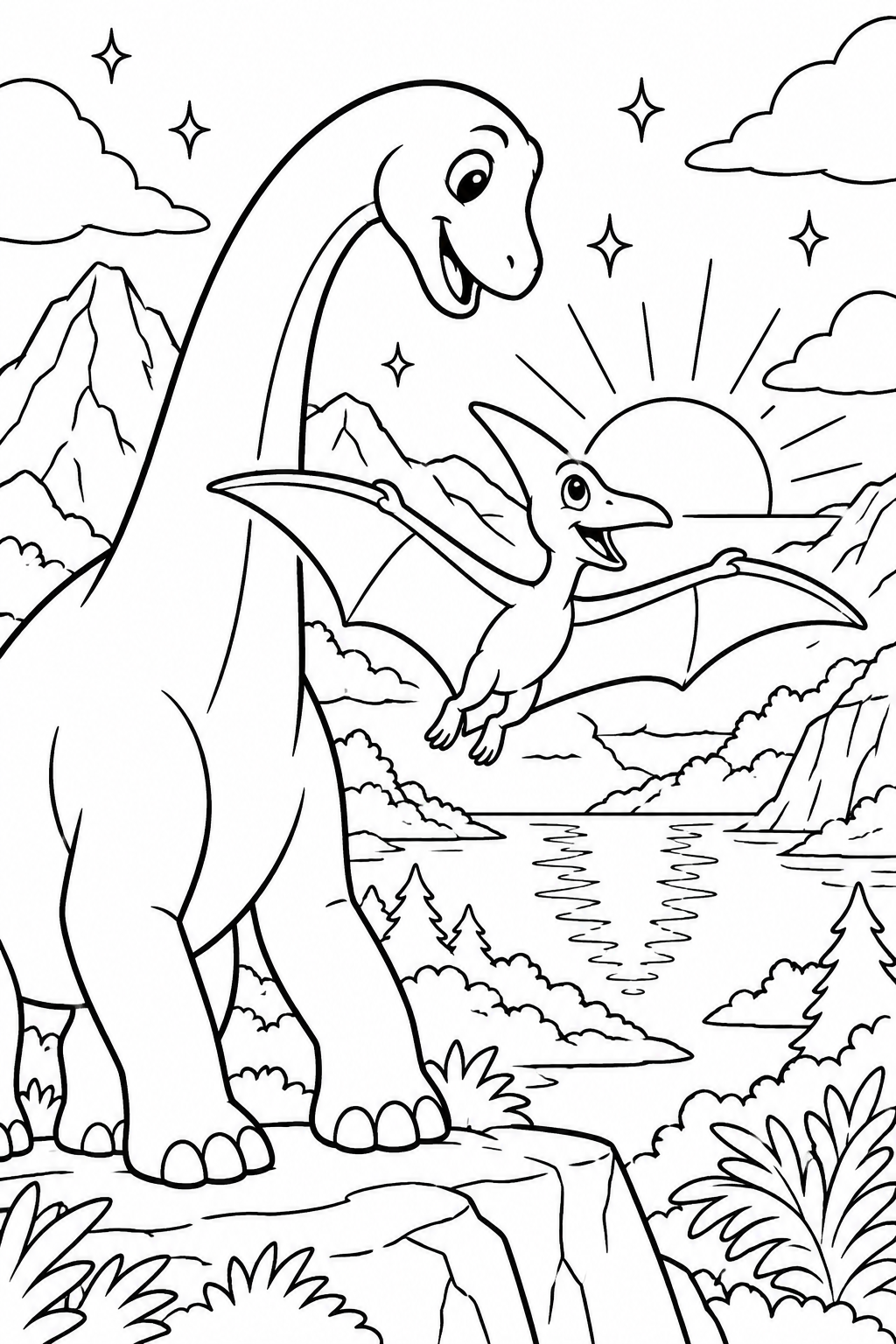Sunset Flight: Dino Mentor coloring page: A Brontosaurus is helping a baby pterodactyl learn to fly, with mountains and a sparkling sunset as the backdrop.