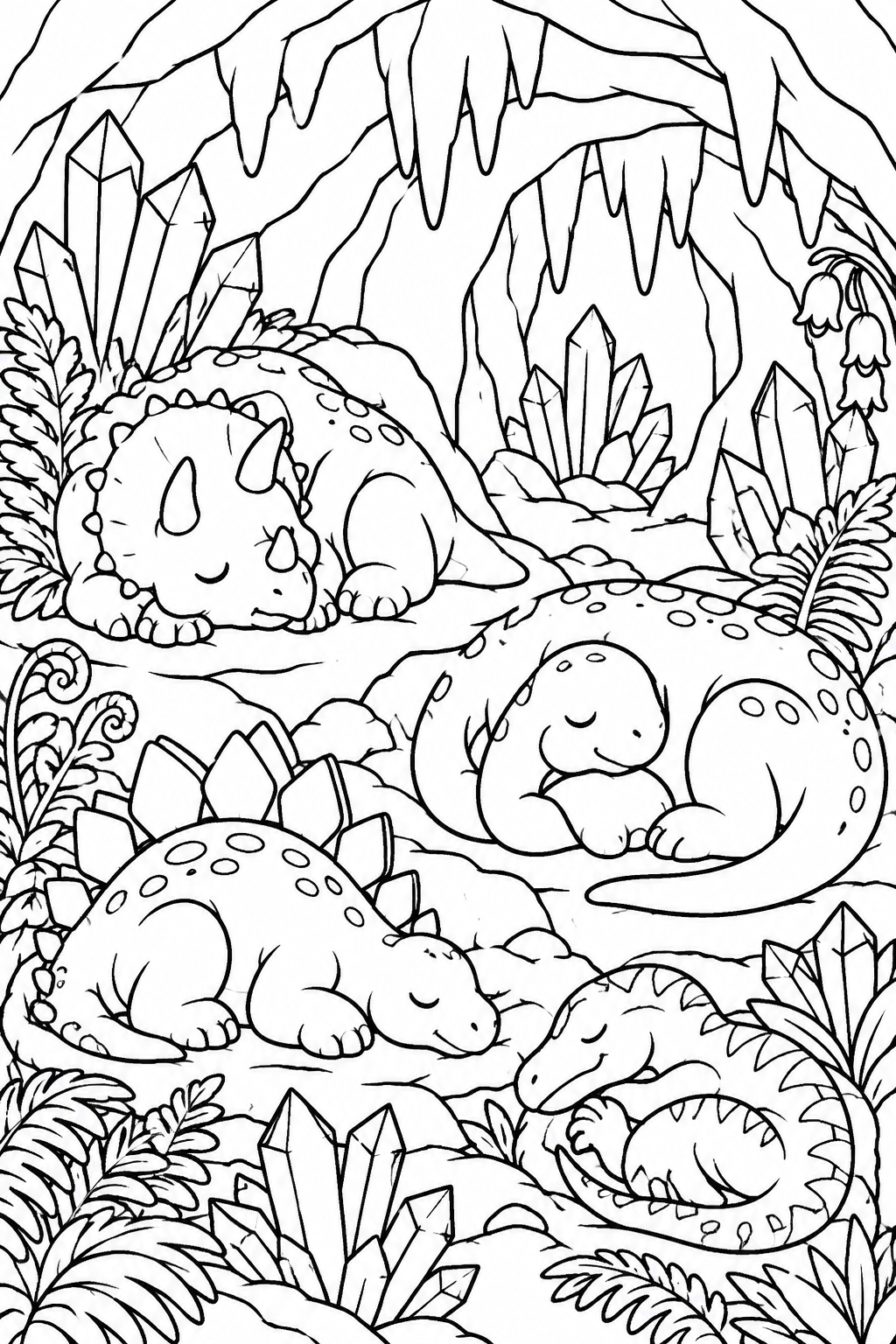 Dino Dreamland Retreat coloring page: A cozy dino cave with sleeping young dinosaurs is surrounded by glimmering crystals and colorful prehistoric plants.