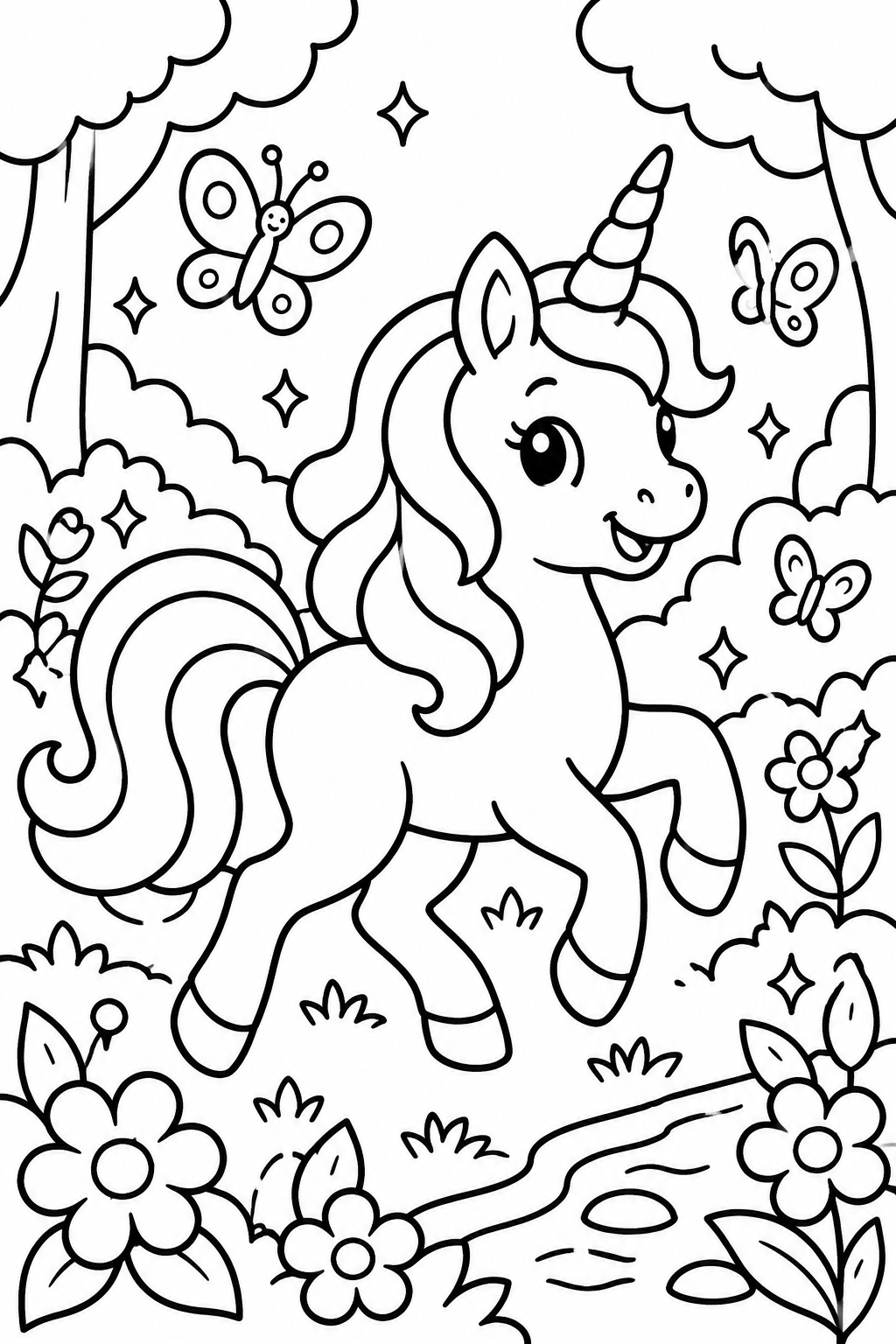 Unicorn Bliss in Bloom coloring page: A playful unicorn prancing through a lush, enchanted forest filled with sparkling flowers and fluttering butterflies.