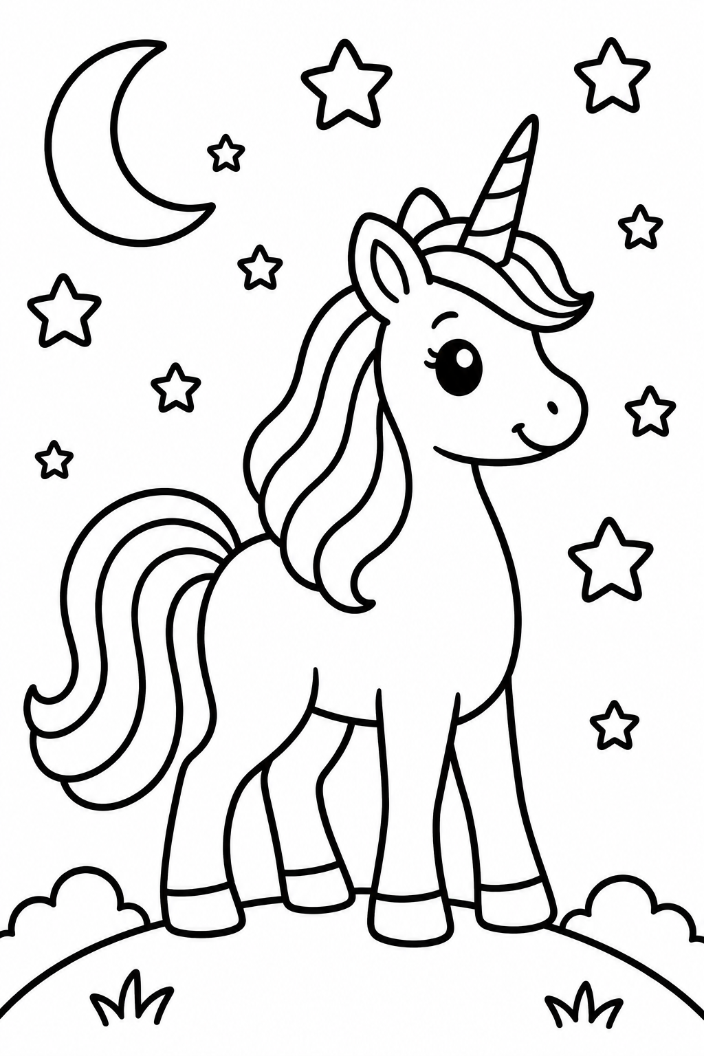Unicorn Dreams Under Stars coloring page: A majestic unicorn with a rainbow mane standing atop a hill under a twinkling night sky full of glowing stars.