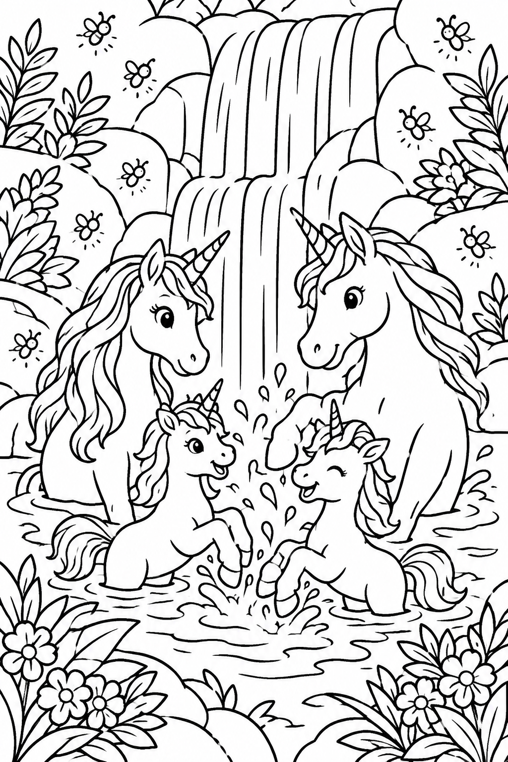 Unicorns' Waterfall Splash! coloring page: A family of unicorns splashing in a crystal-clear waterfall, surrounded by vibrant plants and glimmering fireflies.