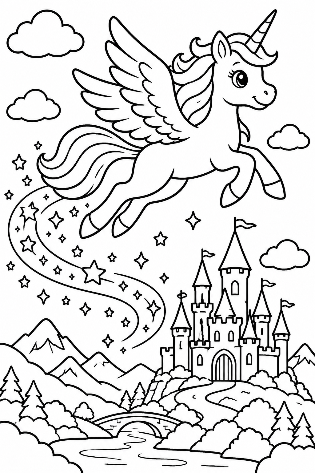 Unicorn's Enchanted Sky Journey coloring page: An adventurous unicorn flying over a magical kingdom, leaving a trail of glittering stardust behind in the bright blue sky.