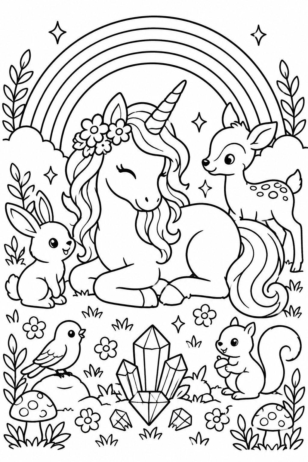Unicorn's Rainbow Retreat coloring page: A cozy scene with a unicorn resting under a rainbow arch, surrounded by playful woodland creatures and shimmering gems.