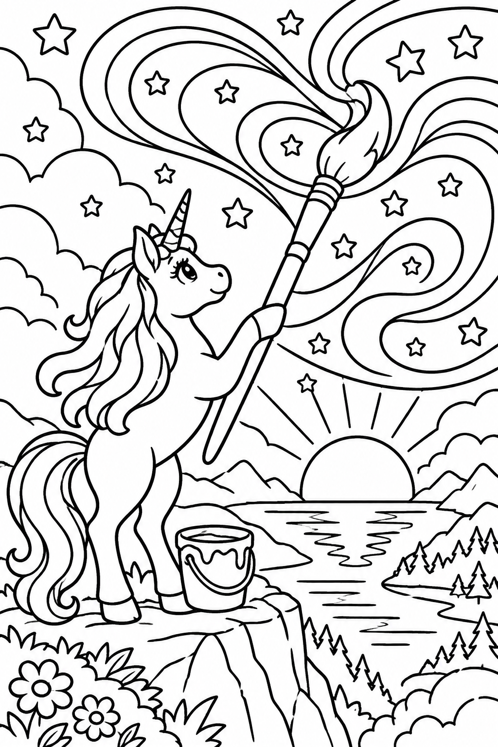 Unicorn's Sunset Magic coloring page: A whimsical unicorn painting the sky with a giant brush, creating a colorful sunset filled with swirling colors and stars.
