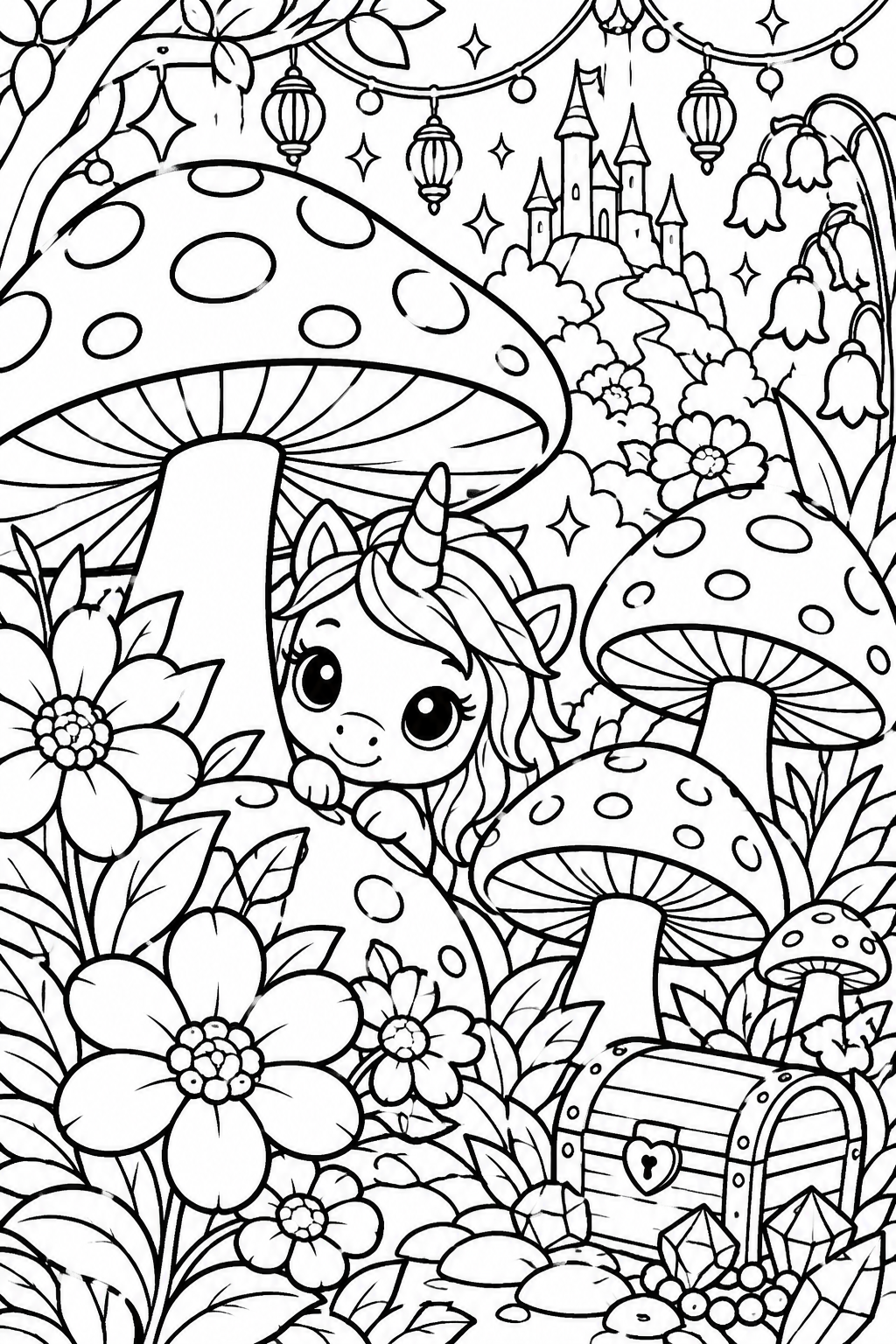 Whimsical Unicorn Garden Escape coloring page: A cute baby unicorn hiding among oversized mushrooms and flowers in a fantasy garden with twinkling lights and hidden treasures.